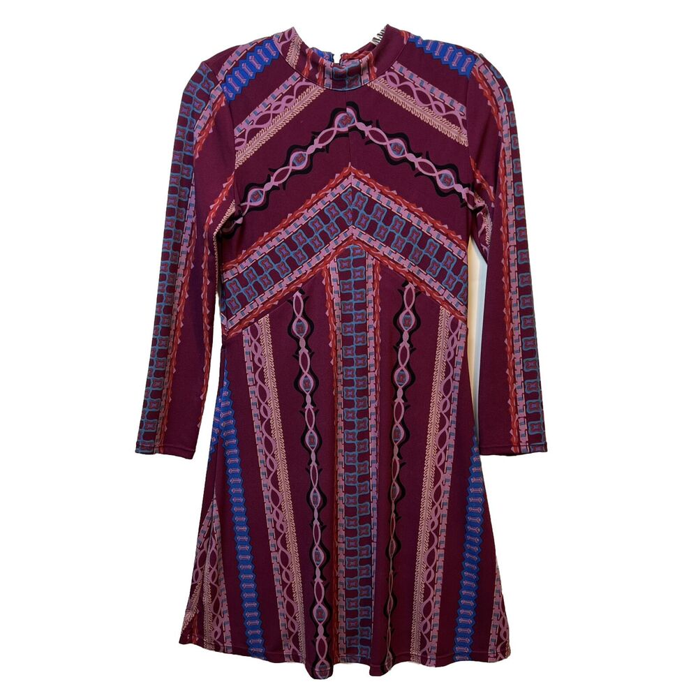 Free People Dress Long Sleeve Stella Mini Boho High Neck Stretch Size XS